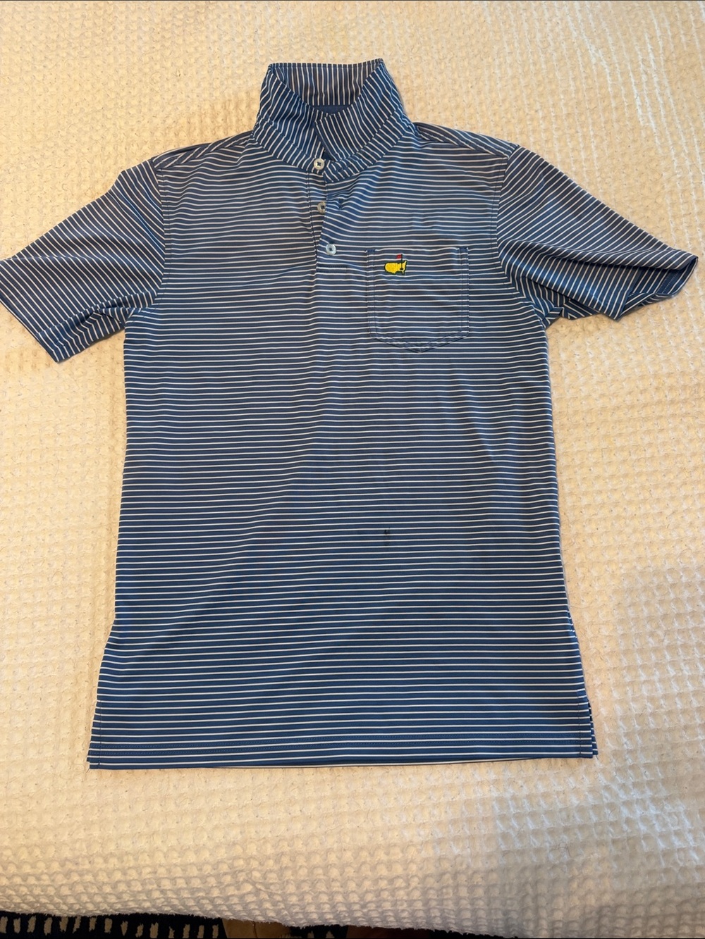 Masters Blue & White Striped Polo with Masters Emblem
